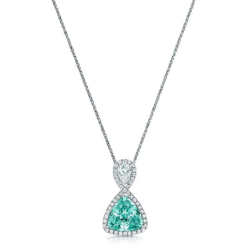 Luxury Pearl Necklace for Bridesmaids-18ct White Gold Trilliant Cut Tourmaline & Pear Shape Diamond Cluster Pendant