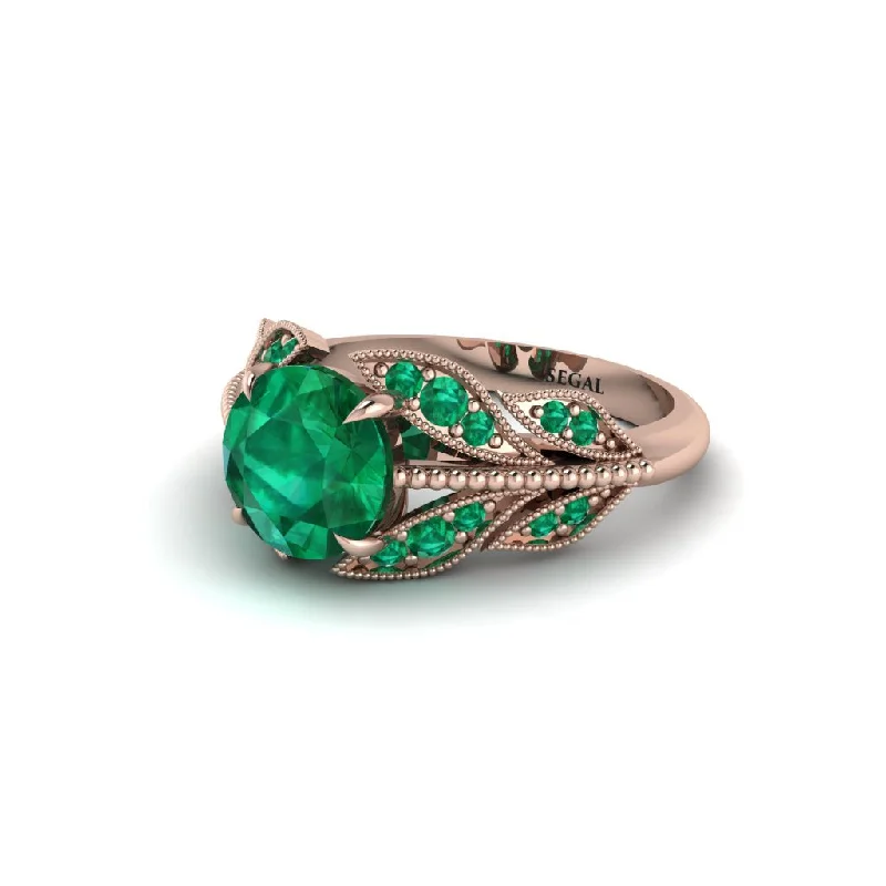 Custom Ring with Family Name Engraving-Emerald Majestic Leaf Gold Engagement Ring - Makenna No. 20