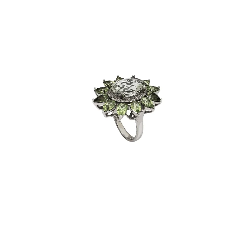 Custom Silver Ring for Men with Engraving-Green Sun Flower CZ Ring (Silver)