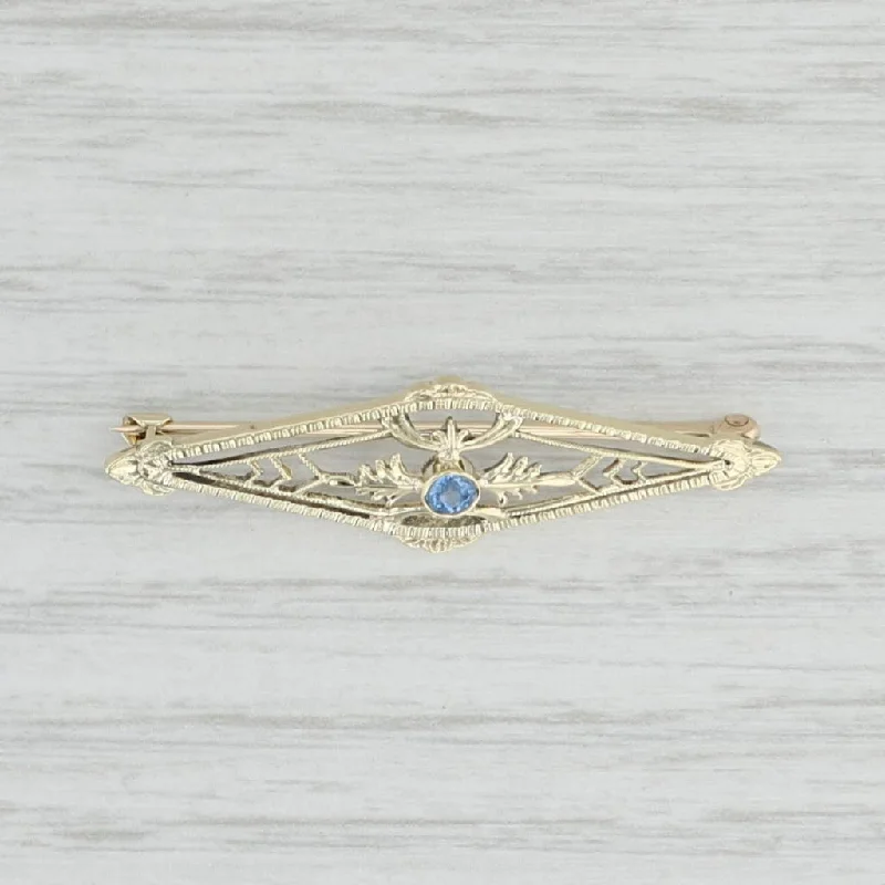 Brooch With Gold Details-Vintage 0.15ct Lab Created Sapphire Filigree Brooch 14k Yellow Gold Pin