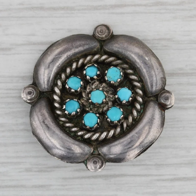 Designer Brooch For Special Events-Native American Turquoise Flower Brooch Sterling Silver Vintage Zuni Pin