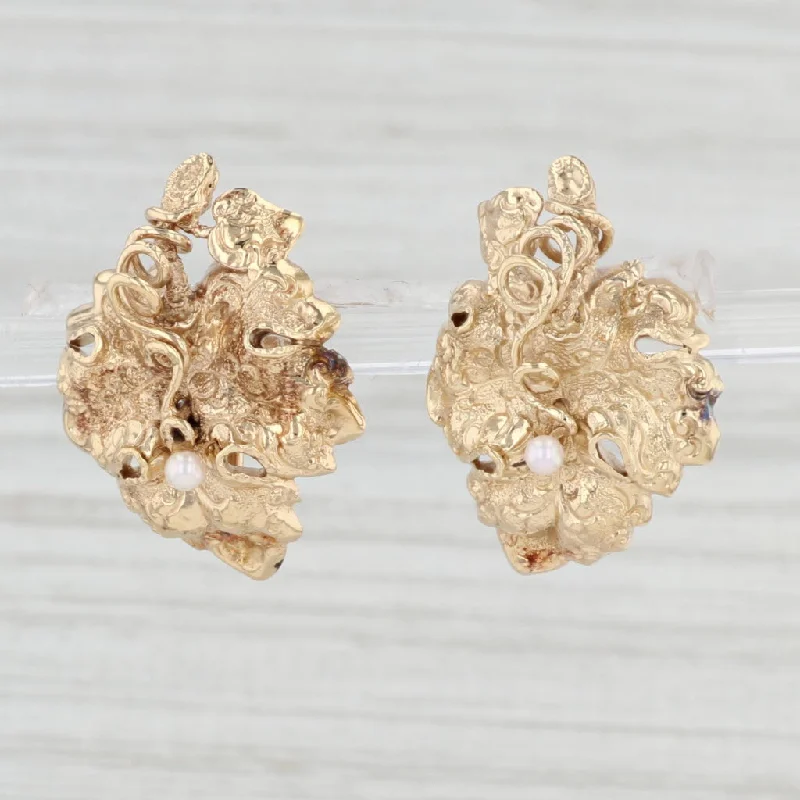 Trendy Long Earrings for Work-Abstract Cultured Pearl Leaf Earrings 14k Yellow Gold Screw On Non Pierced