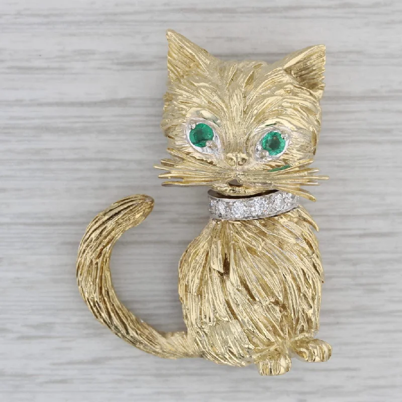 Elegant Brooch For Vintage Dresses-0.70ctw Emerald Diamond Cat Brooch 18k Yellow Gold Kitten Pin