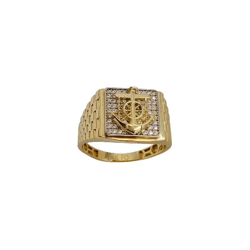 Elegant Gold Ring with Custom Birthstone-Zirconia Two-Tone Anchor Men's Ring (14K)