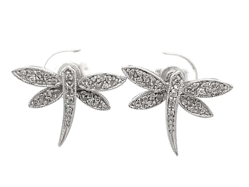 Cute Silver Earrings for Teenagers-Diamond Dragonfly Earrings in 14k White Gold