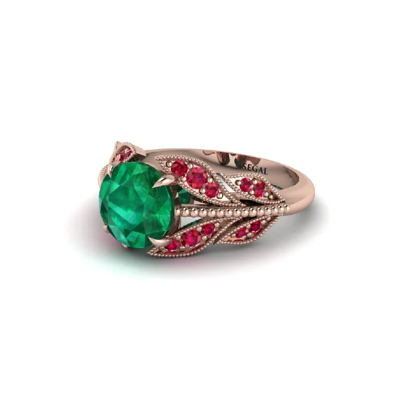 Vintage Gold Ring with Emerald Stone-Emerald Majestic Leaf Gold Engagement Ring - Makenna No. 50