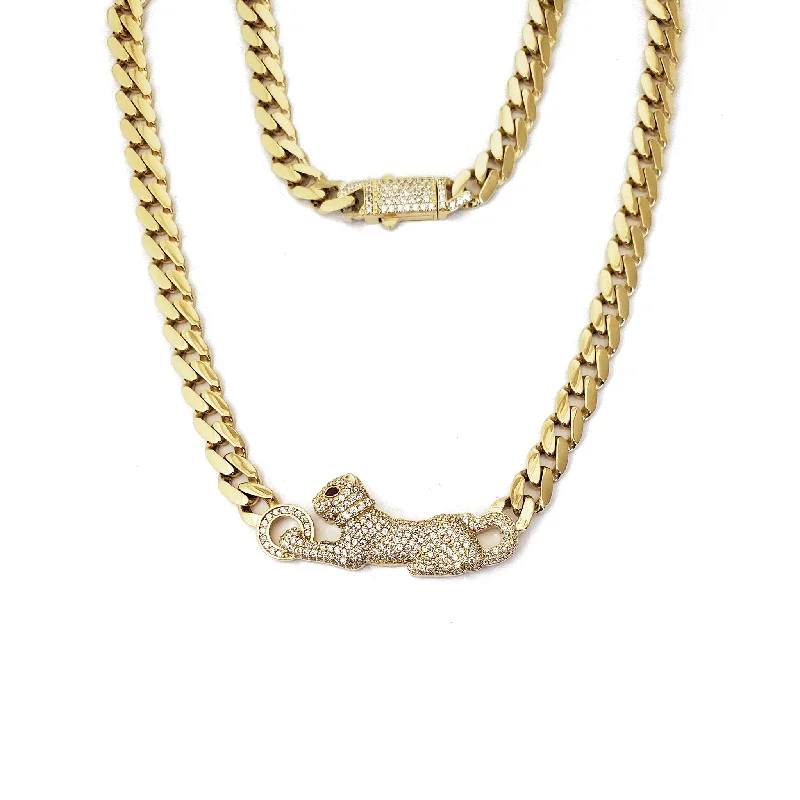 Sparkling Diamond Necklace for Night Events-Panther Cuban Link Necklace (14K)