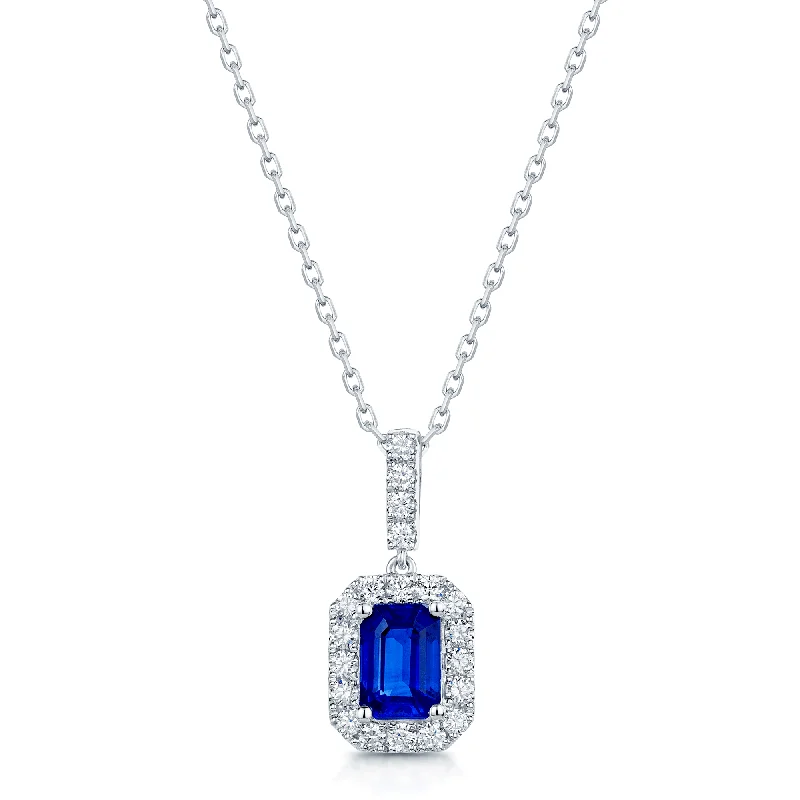 Trendy Pendant Necklace for Casual Look-18ct White Gold Emerald Cut Sapphire And Diamond Halo Pendant