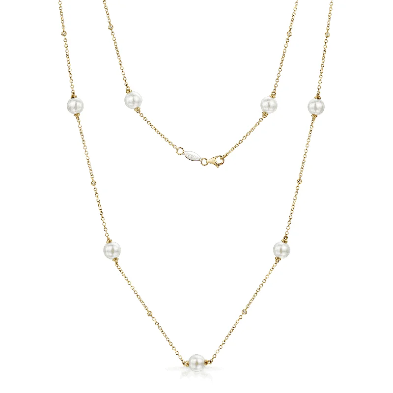 Luxury Silver Necklace with Diamonds-18ct Rose Gold Akoya Cultured White Pearl Diamond Set Chain Necklet