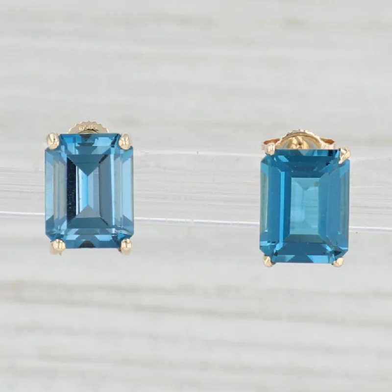 Simple Silver Earrings for Special Occasions-6ctw Solitaire London Blue Topaz Stud Earrings 14k Yellow Gold Emerald Cut Studs