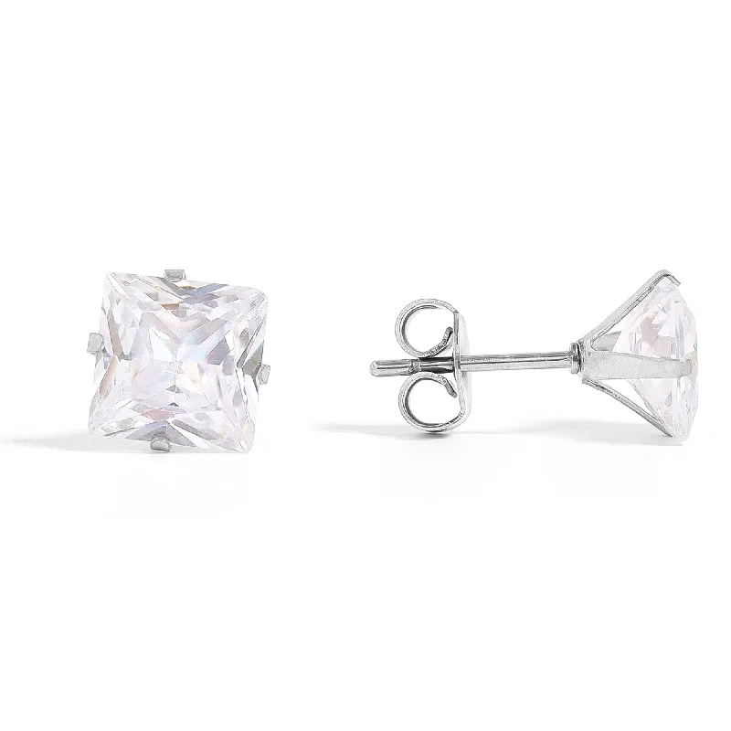 Silver Earrings for Special Occasions-Stainless Steel Princess Cut CZ Stud Earrings / ERJ3003