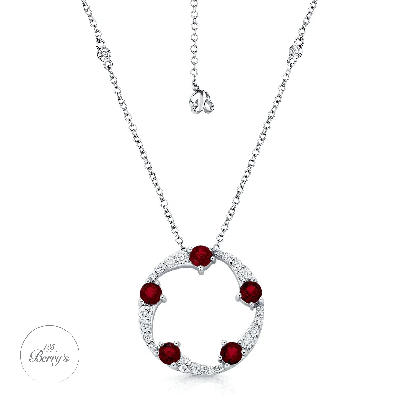 Unique Heart Pendant Necklace for Gifts-OPEIA Collection 18ct White Gold Ruby And Diamond Fancy Large Circle Pendant With Chain