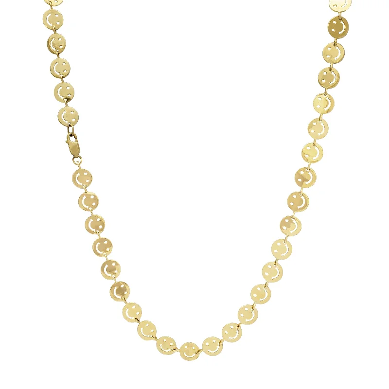 Trendy Silver Necklace for Summer Style-Smiley Face Emoji Necklace (14K)