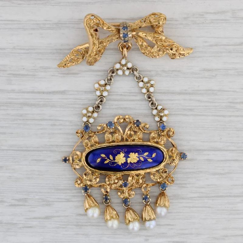 Fashion Brooch For Bridesmaids-Antique Ornate Flower Brooch 18k Gold Pearls Sapphires Fringed Pin