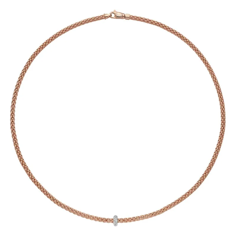 Long Pendant Necklace with Silver Chain-Prima 18ct Rose Gold Necklace With Diamond Set Rondel