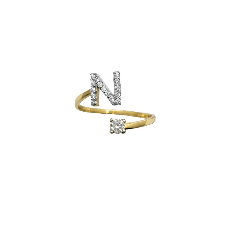 Classic Silver Wedding Ring with Channel Set Diamonds-Zirconia Initial Letter "N" Coiled Ring (14K)