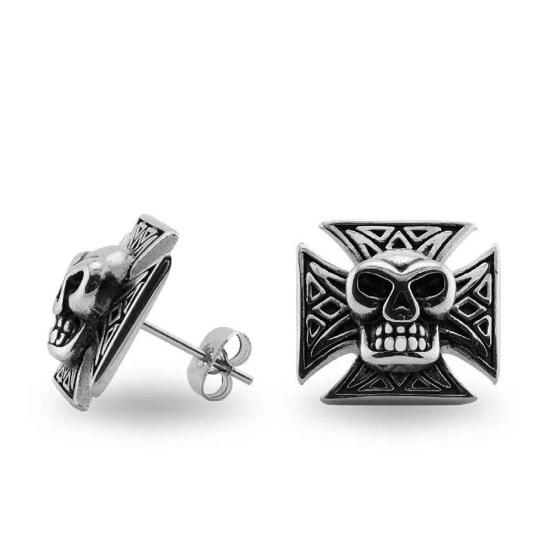 Silver Heart Shaped Earrings-Stainless Steel Maltese Cross Skull Post Earrings / ERC1012