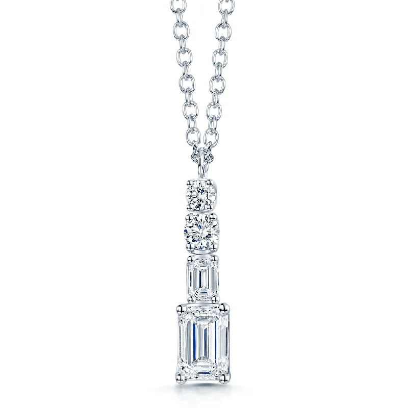 Handcrafted Necklace with Gemstone Pendant-18ct White Gold Round Brilliant and Emerald Cut Diamond Four Stone Pendant