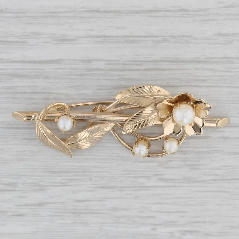 Antique Brooch Pin Jewelry-Vintage Cultured Pearl Flower Brooch 14k Yellow Gold Floral Pin