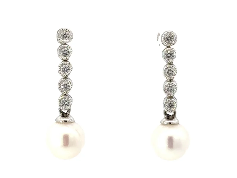 Classic Gold Drop Earrings-Dangly Diamond Pearl Drop Earrings 14K White Gold