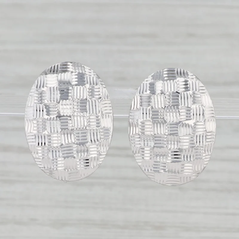 Yellow Gold Earrings for Women-Woven Crosshatch Pattern Oval Earrings 14k White Gold Pierced Omega Backs