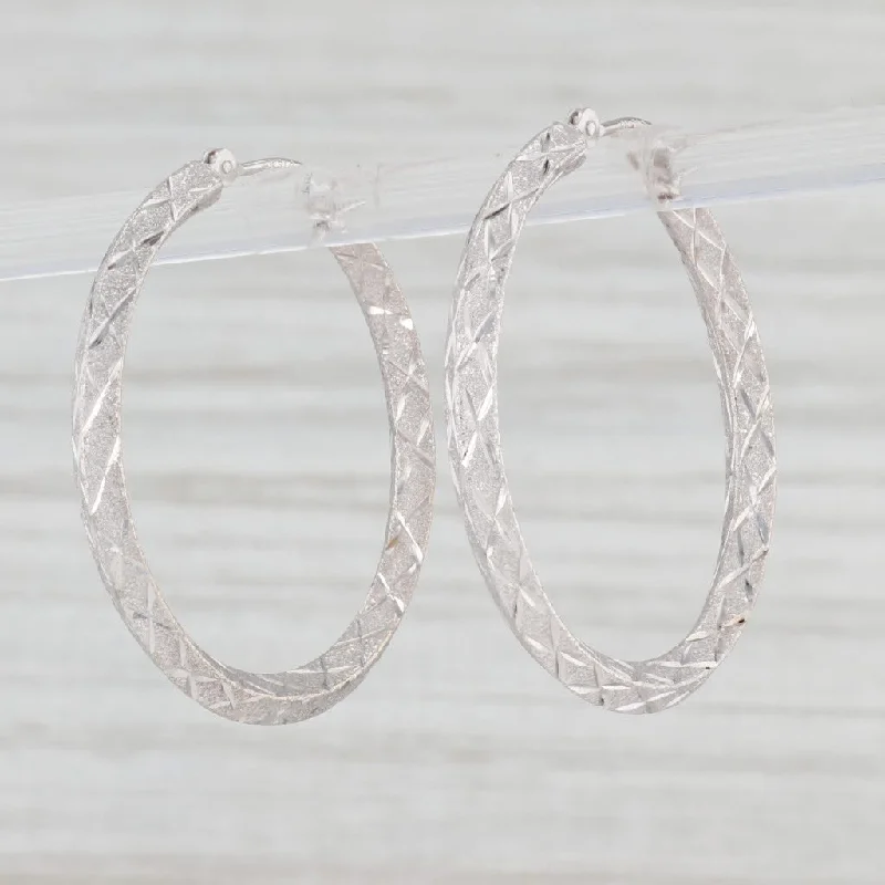 Trendy Earrings for Daily Wear-Brushed Lattice Work Beveled Hoop Earrings 14k White Gold Snap Top Round Hoops