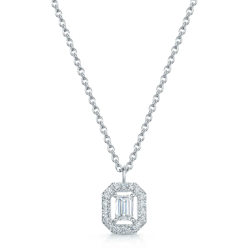 Fashionable Silver Necklace for Formal Events-18ct White Gold Emerald Cut Diamond Cluster Pendant