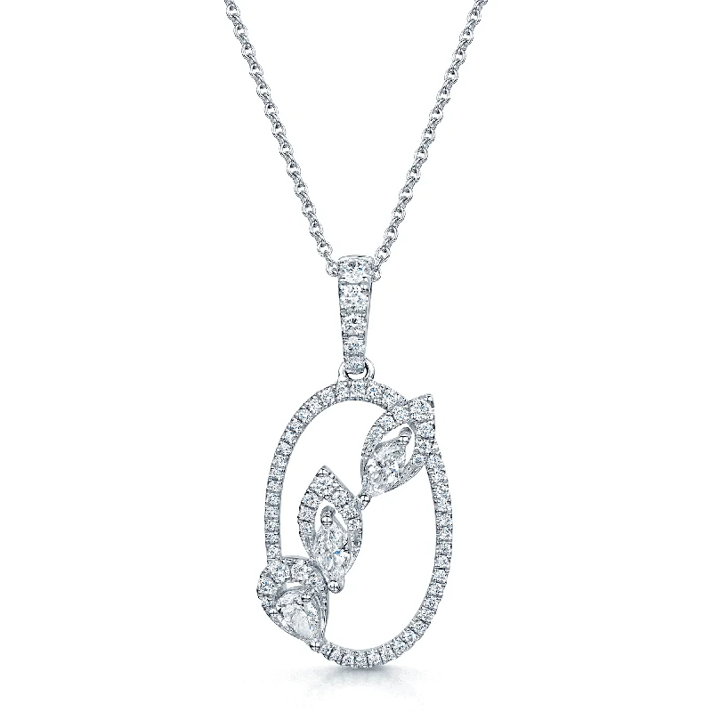 Classic Gemstone Necklace for Casual Wear-18ct White Gold Pear, Marquise And Round Brilliant Cut Oval Petal Pendant