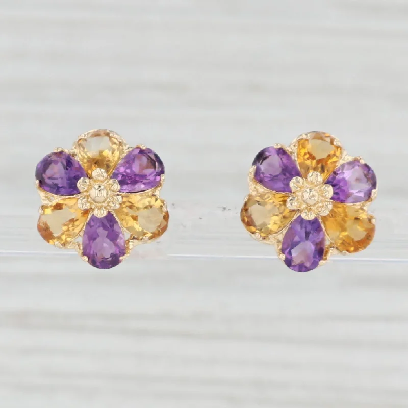 Fancy Wedding Earrings for Brides-4.20ctw Amethyst Citrine Flower Stud Earrings 14k Yellow Gold