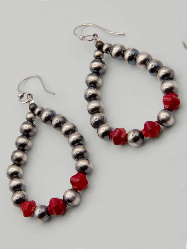 Chic Gold Drop Earrings-Nav Prl Loop Earrings w/3 Red Beads by P Wallace