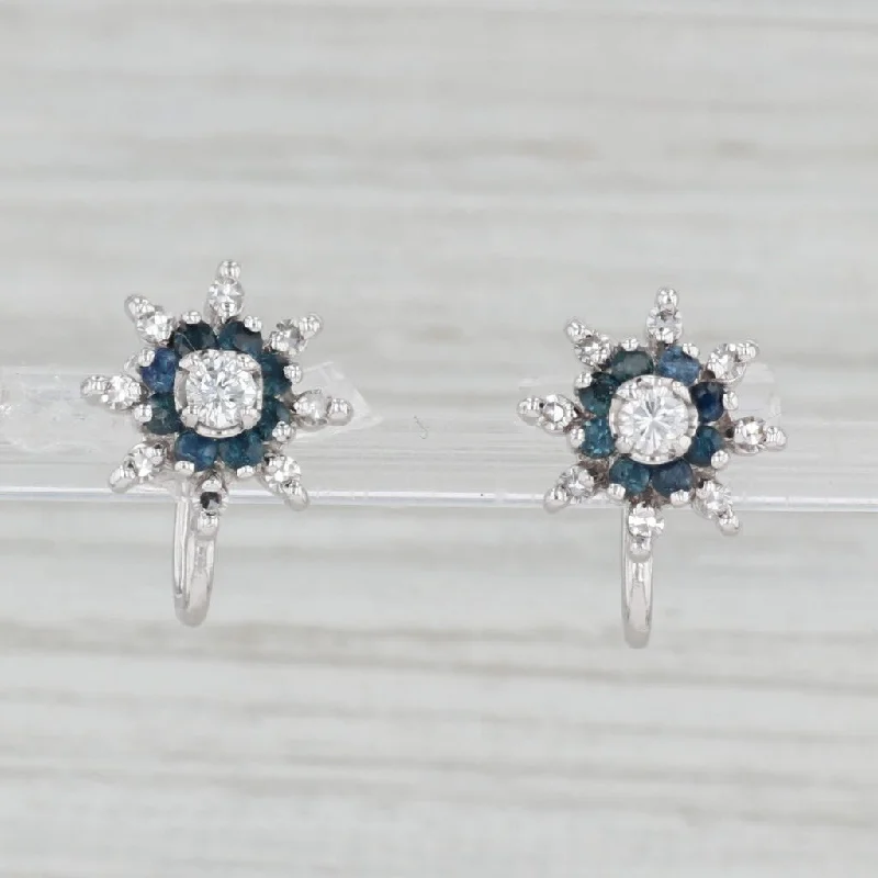 Small Hoop Earrings for Work-0.85ctw Blue Sapphire Diamond Flower Earrings 14k Gold Screw Back Non Pierced