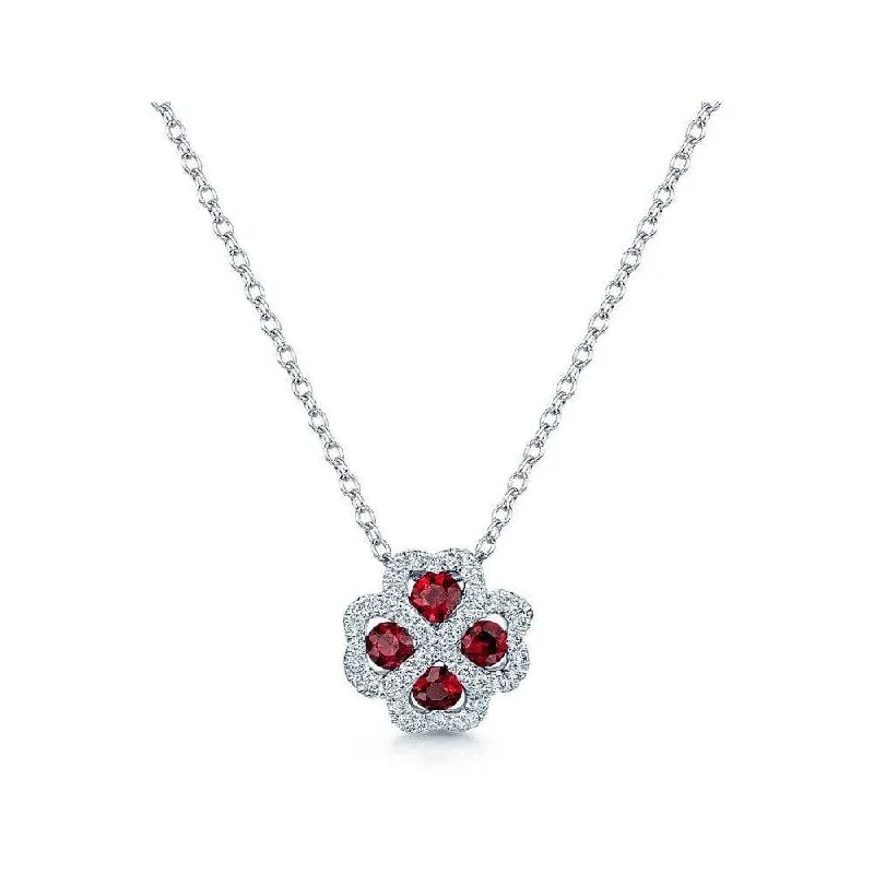 Gold and Diamond Necklace for Special Events-18ct White Gold Ruby & Diamond Four Hearts Pendant