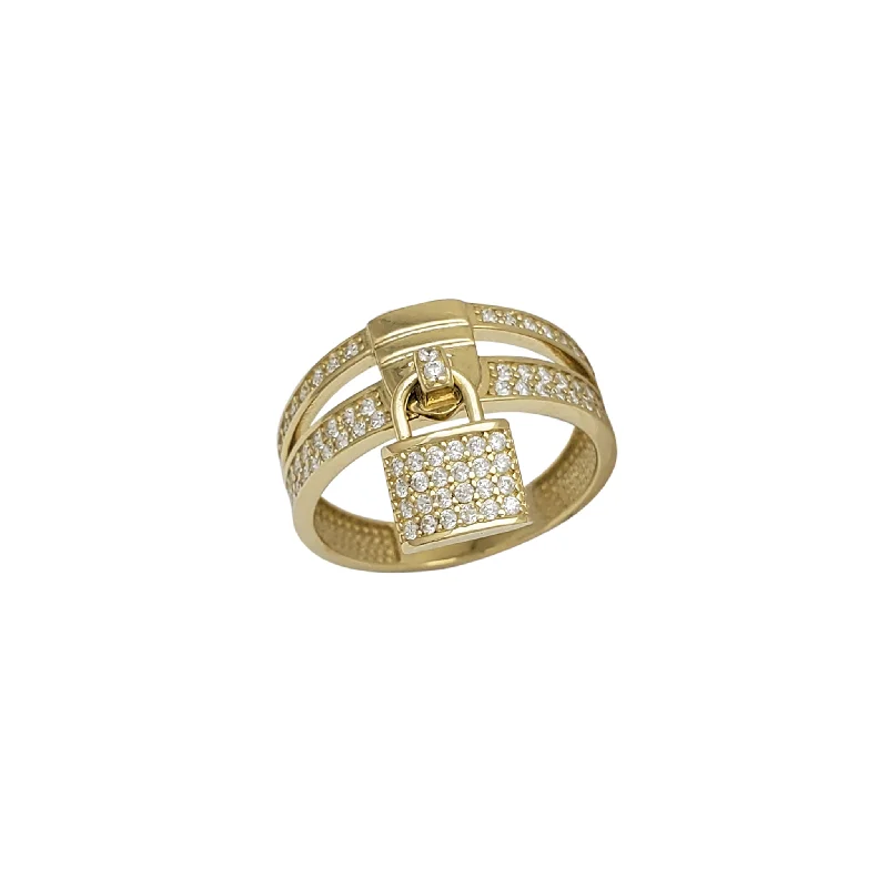 Luxury Gold Ring with Emerald Center Stone-Iced-Out Padlock Belt Ring (14K)