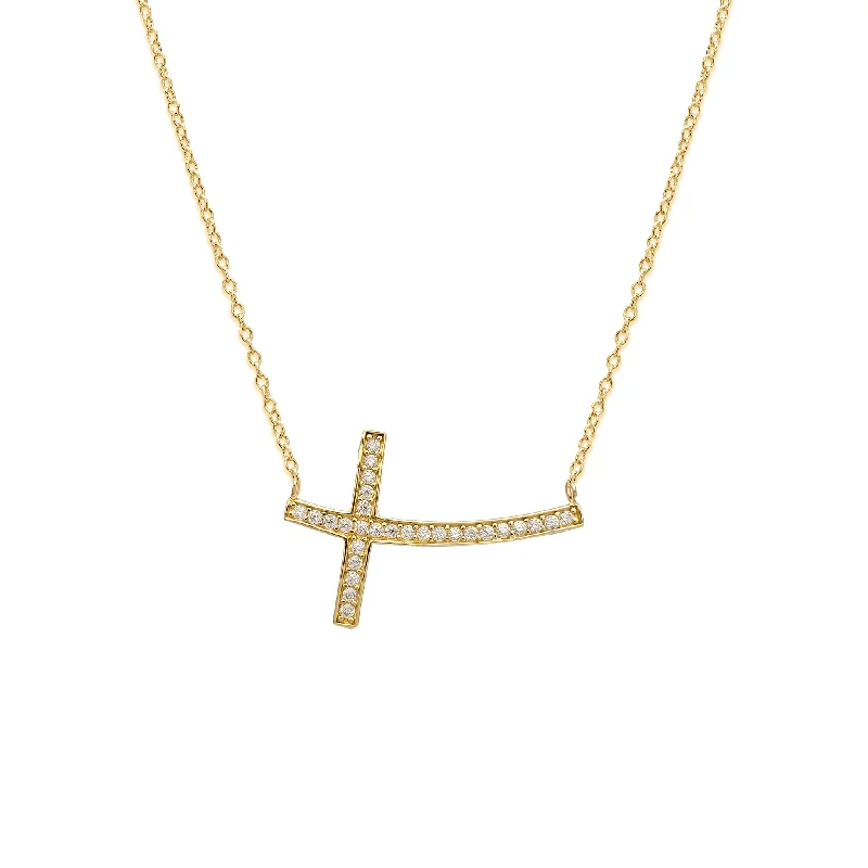 Statement Necklace with Multiple Gemstones-Zirconia Sideways Cross Necklace (14K)