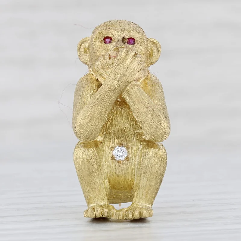 Custom Brooch For Brides-Speak No Evil Monkey Brooch Diamond Ruby 18k Yellow Gold Pin Animal Jewelry