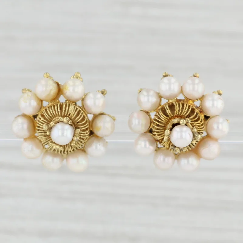 Silver Earrings for Sensitive Ears-Vintage Cultured Pearl Cluster Statement Earrings 10k Yellow Gold