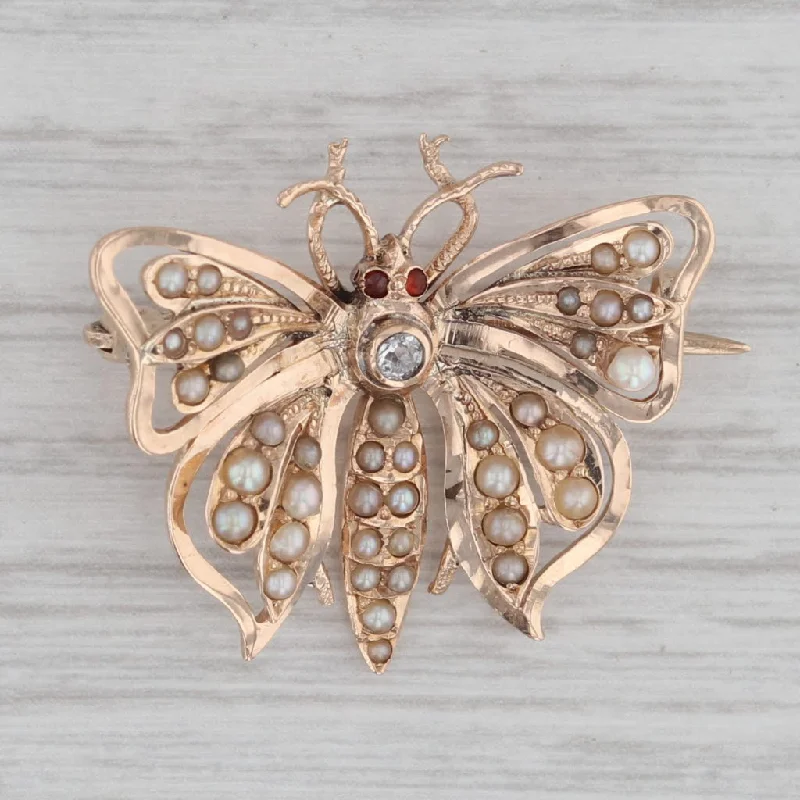 Personalized Brooch For Brides-Vintage Pearl Diamond Butterfly Brooch 14k Yellow Gold Pin Insect Jewelry