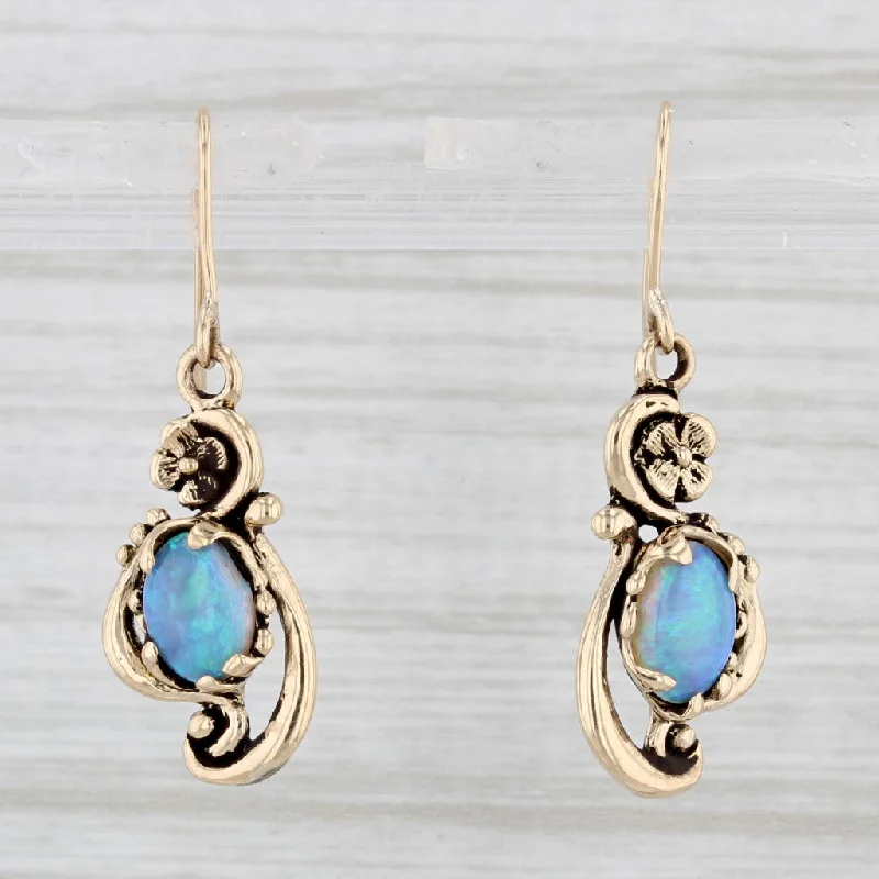 Simple Gold Drop Earrings for Work-Vintage Floral Blue Opal Dangle Earrings 14k Yellow Gold Hook Posts