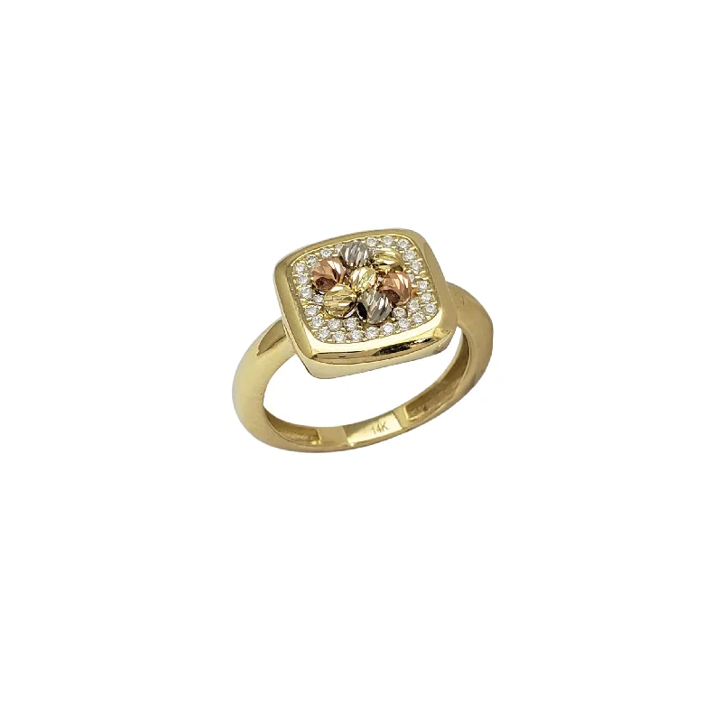 Classic Gold Ring with Sapphire Center Stone-Tricolor "Stained-Glass" Flower Ring (14K)