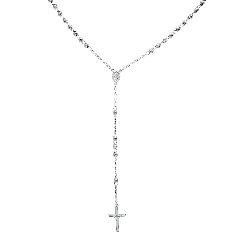 Fashionable Necklace with Charms for Teenagers-[4.9mm] Disco-Beads Virgin Mary Crucifix Rosary Necklace (Silver)