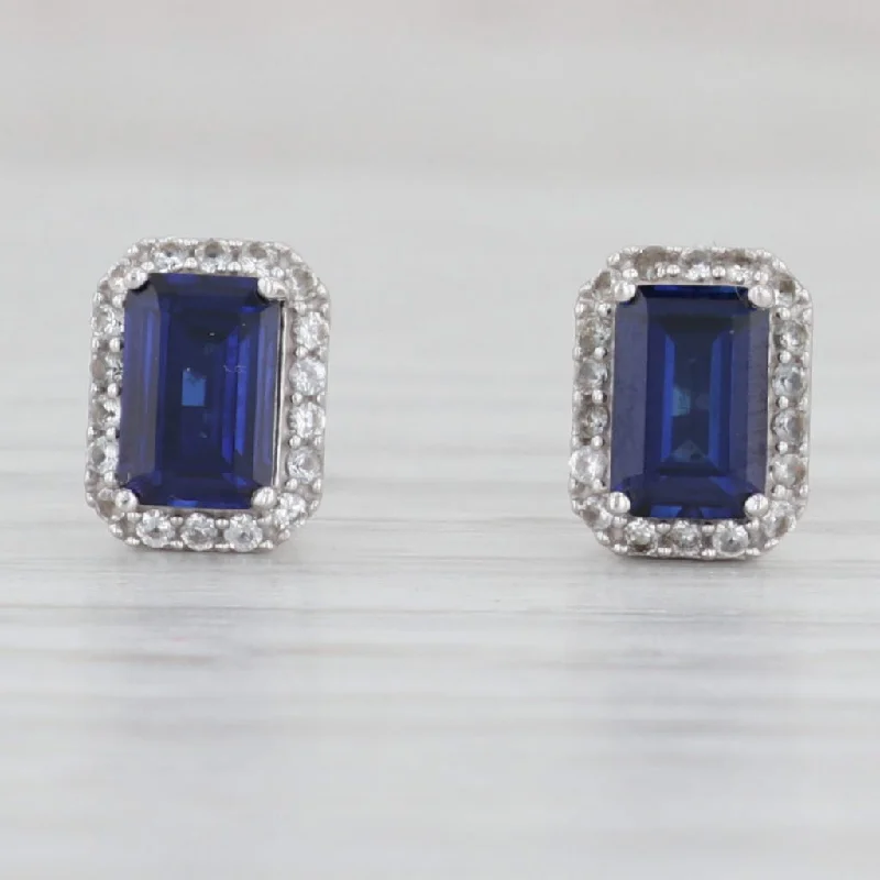 Personalized Birthstone Earrings for Moms-1.75ctw Lab Created Blue Sapphire Halo Stud Earrings 10k White Gold