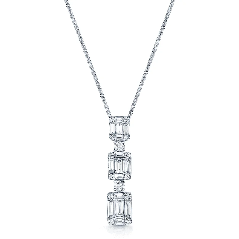 Personalized Bar Necklace for Special Gifts-18ct White Gold Baguette and Round Brilliant Cut Diamond Three Tier Drop Pendant