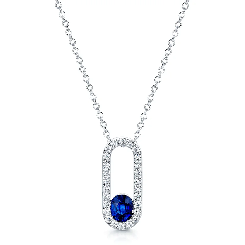 Designer Necklace with Large Crystal Pendant-Verve Collection 18ct White Gold Oval Cut Sapphire And Diamond Loop Full Pendant