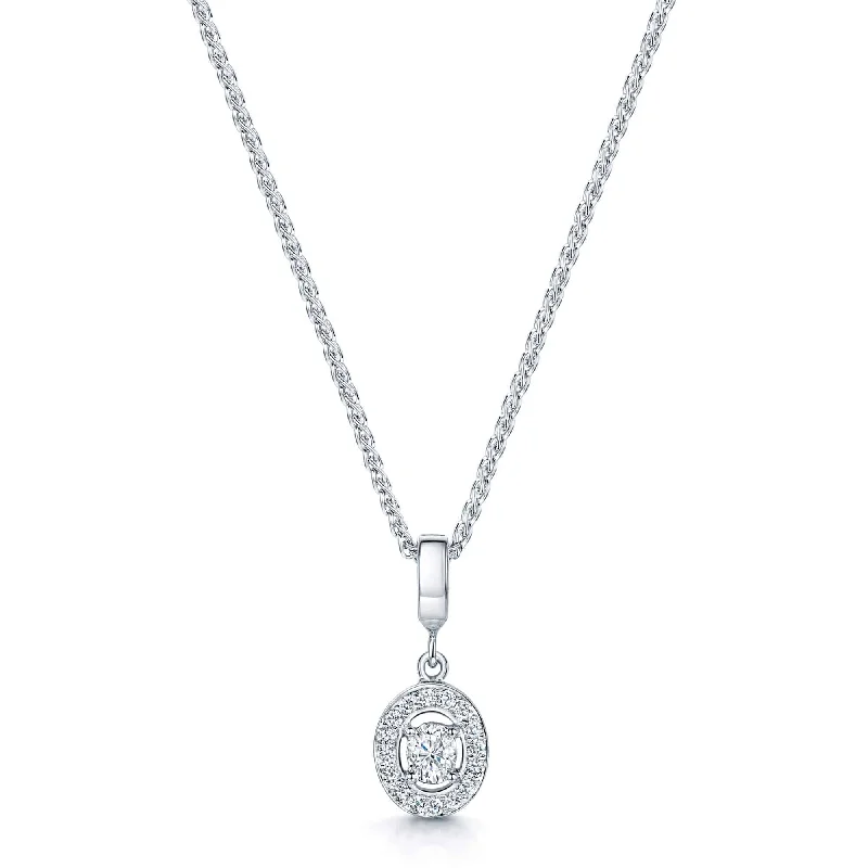 Silver Necklace with Birthstone Pendant-18ct White Gold Oval Cut Diamond Halo Pendant