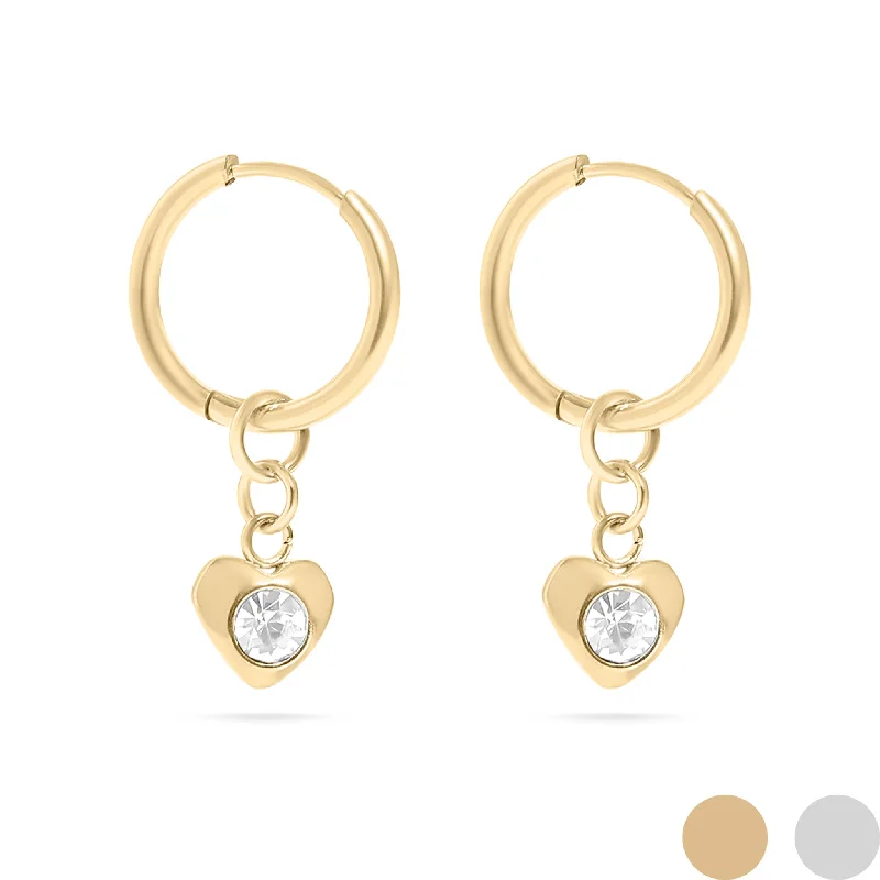 Trendy Stud Earrings for Teens-18K Gold PVD Stainless Steel CZ Heart Pendant Huggie Earrings / ERJ0040