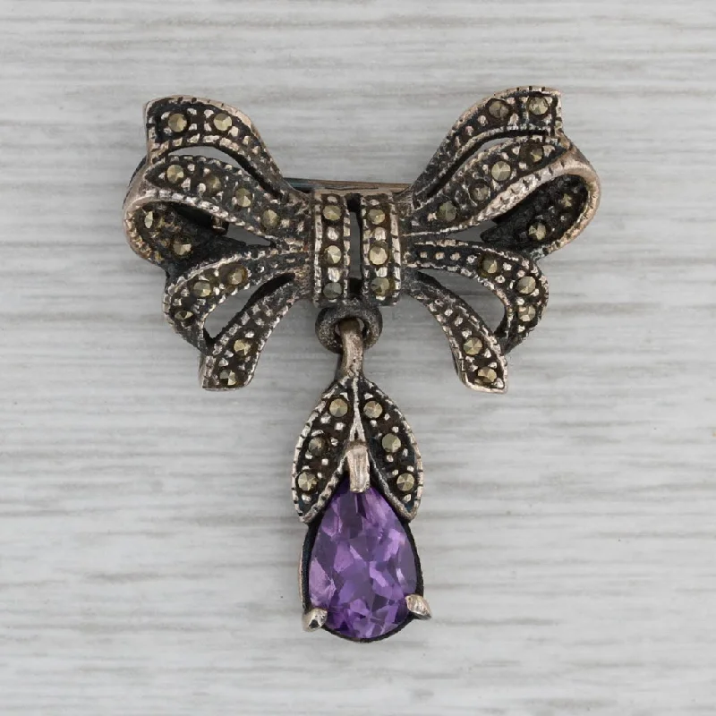 Luxury Brooch With Swarovski-Vintage Amethyst Drop Marcasite Bow Brooch Sterling Silver Pin