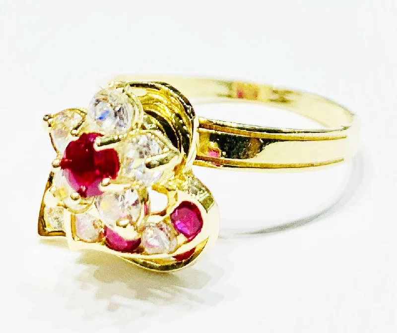 Vintage Silver Ring with Citrine Accent-Flower and double heart motion CZ ring (14K).