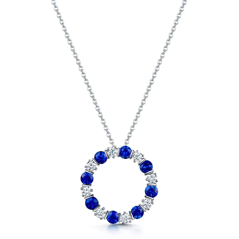 Luxury Pearl Necklace for Bridesmaids-18ct White Gold Sapphire & Diamond Circular Pendant