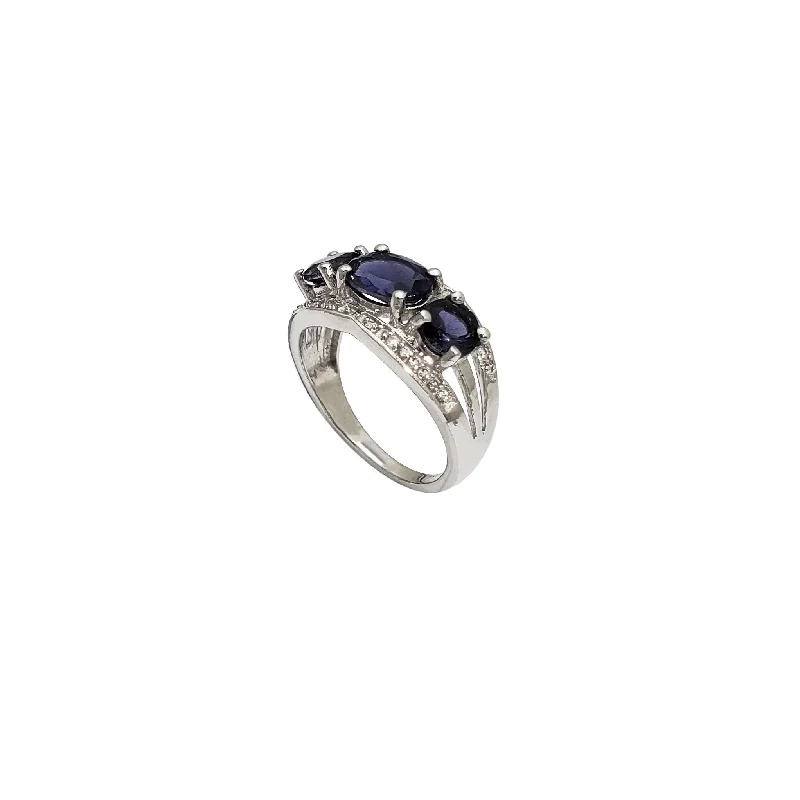 Elegant Wedding Band with Sapphire Inlay-3 Stone CZ Ring (Silver)