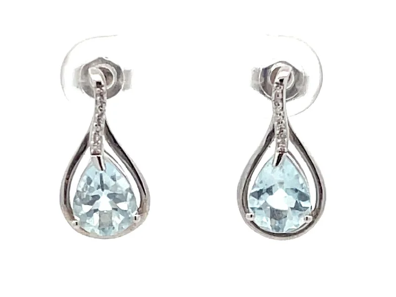 Simple Gold Drop Earrings for Work-Pear Shaped Aquamarine and Diamond Drop Earrings in 14K White Gold 